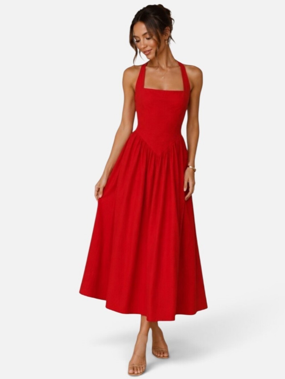 Crystal Sky Red Halter Midi Dress Fitted Bodice Flattering Coquette Classic MD